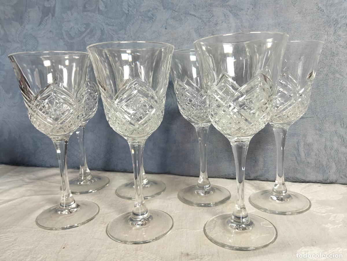 Vintage: Lote 7 copas de cristal antiguas transparentes estilo mid-century vino agua fiesta a&ntilde;os 60-70