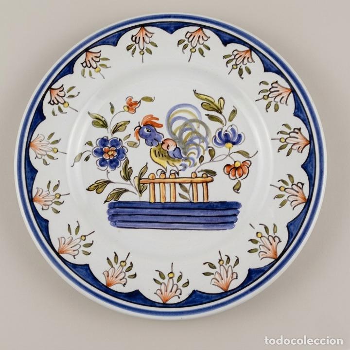 Vintage: Plato Cer&aacute;mica Francesa Rouen - Jules Moreau (J.M.) - Pintado a Mano - Gallo - Siglo XX