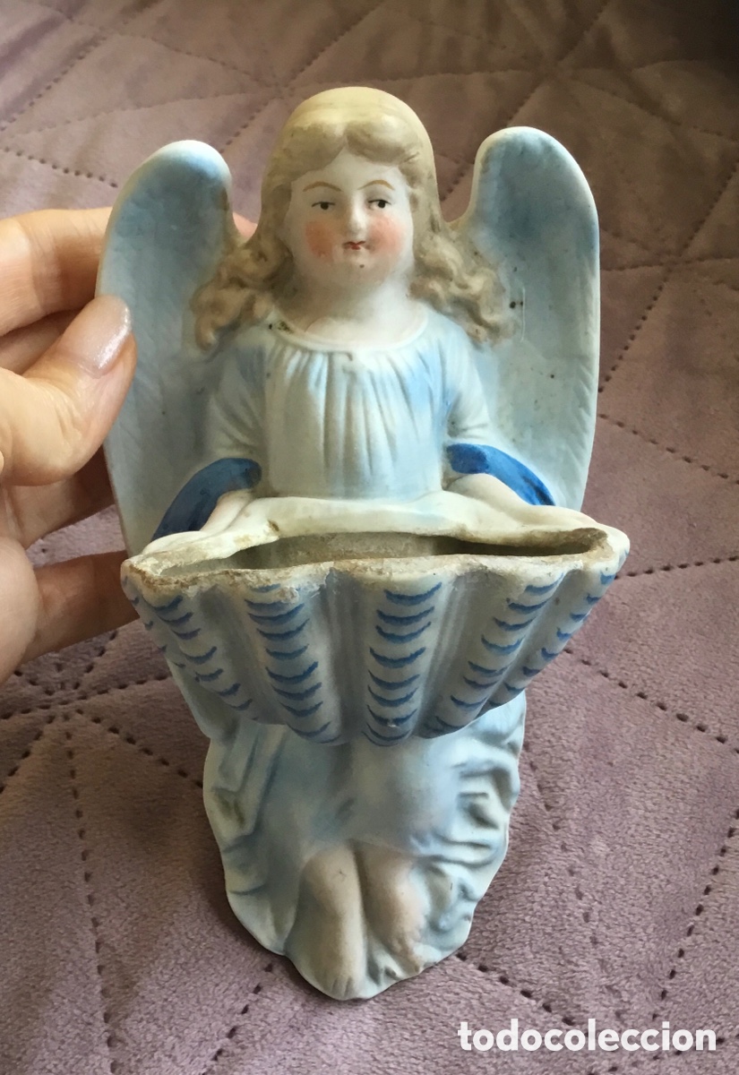 Vintage: Benditera de porcelana biscuit &aacute;ngel numerada