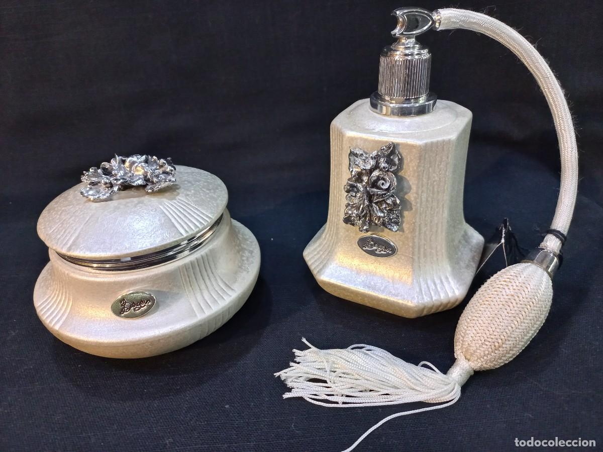 Vintage: PERFUMADOR Y POLVERA (cer&aacute;mica) anacarado marfil