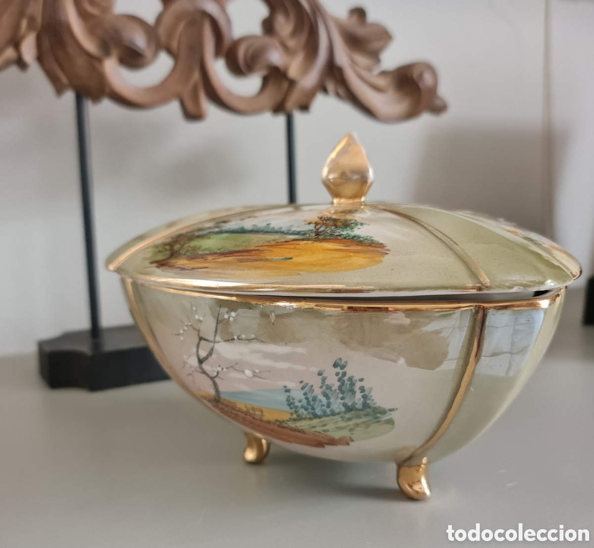 Vintage: Bombonera vintage portuguesa Alcoba&ccedil;a RB &ndash; porcelana pintada a mano con tapa y detalles dorados
