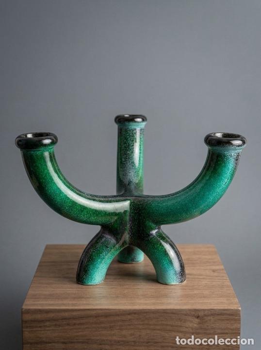 Vintage: Candelabro Cer&aacute;mica SERRA - Dise&ntilde;o Org&aacute;nico Verde - Mid Century Modern - A&ntilde;os 50/60 - Firma Serra