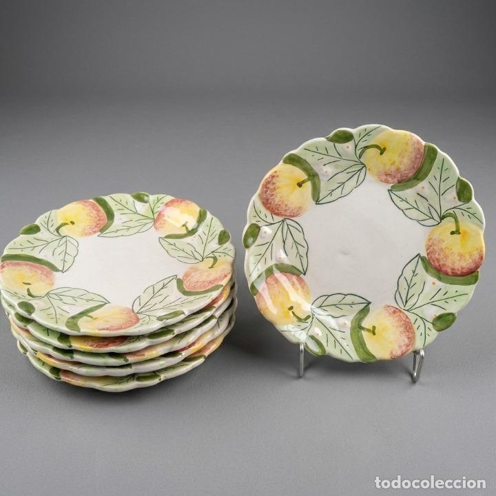 Vintage: Juego 6 Platos Postre Cer&aacute;mica &Aacute;gueda Portugal Frutas - Pintados a Mano - &Oslash; 17 cm