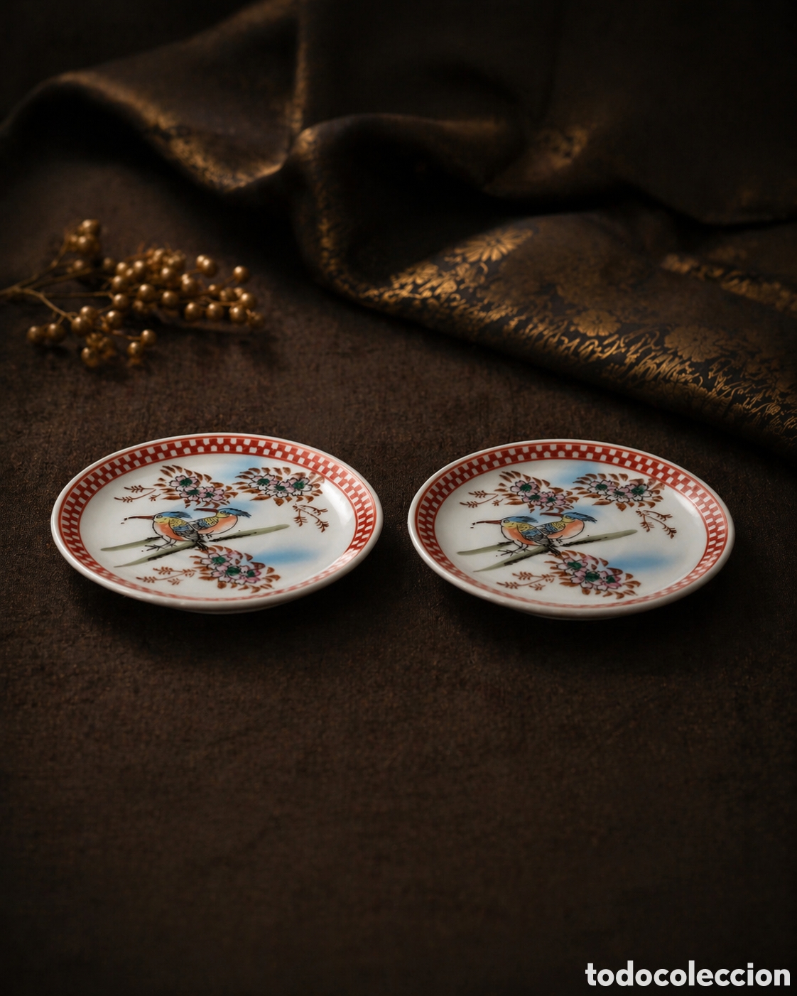 Vintage: Pareja de platillos japoneses vintage Made in Japan con decoraci&oacute;n de aves y flores &ndash; aprox. 12 cm