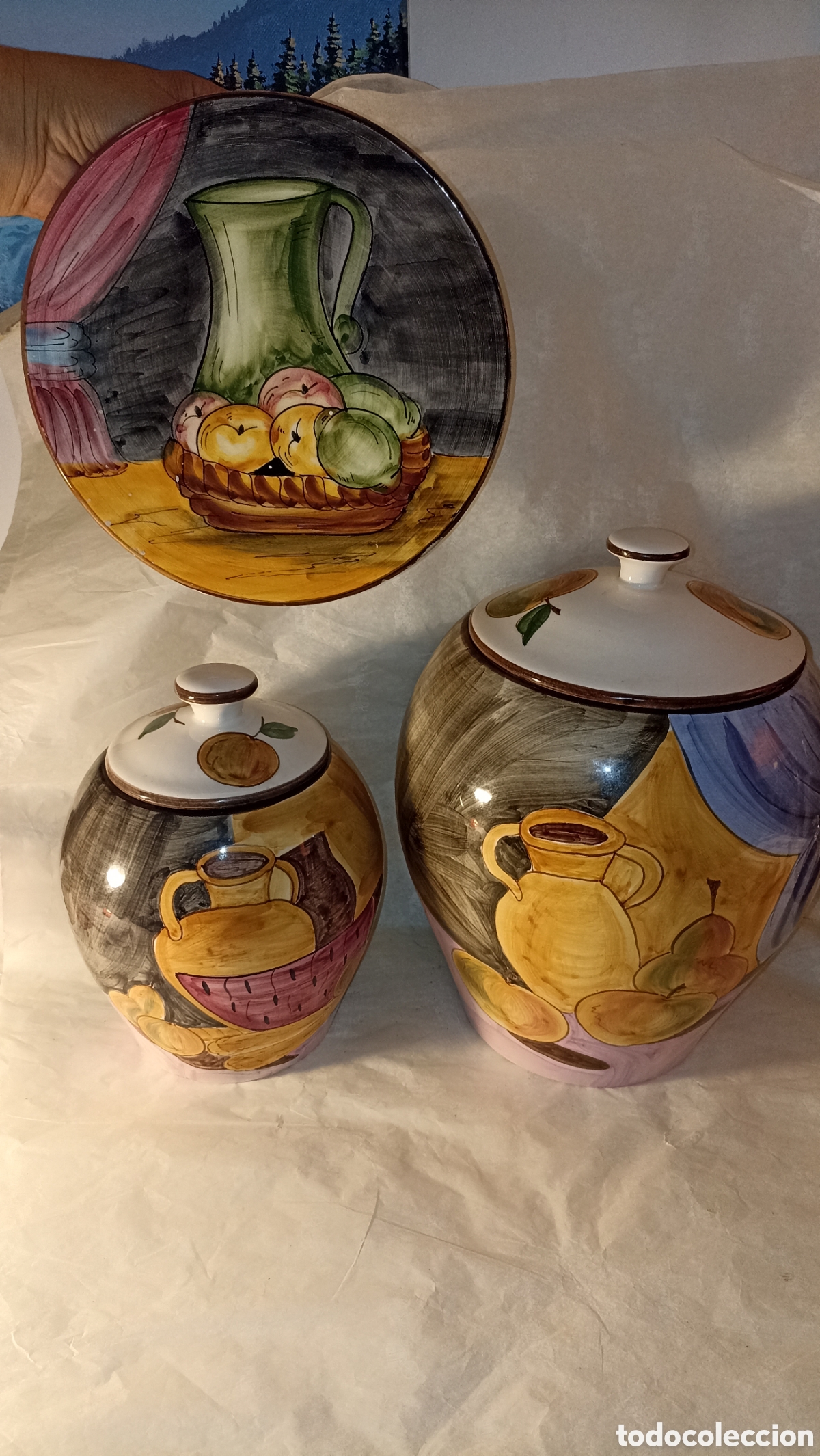 Vintage: Conjunto de Cer&aacute;mica Artesanal - 2 Orzas/Botes con Tapa y Plato a Juego