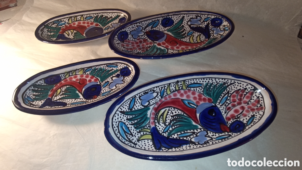 Vintage: Set de 4 Fuentes Ovaladas de Cer&aacute;mica Artesanal - Motivo Pez Pintado a Mano 23&19 cm