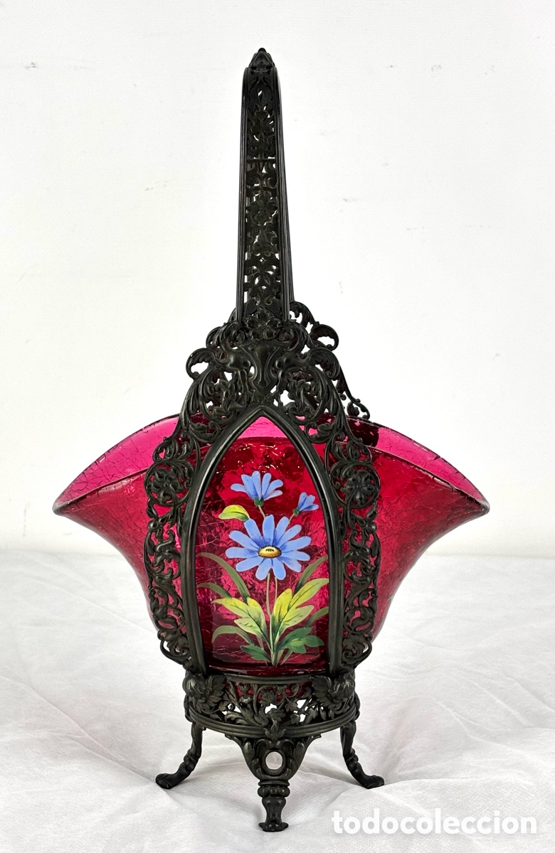 Vintage: CESTA MODERNISTA DE CRISTAL SOPLADO Y PINTADO Y LAT&Oacute;N