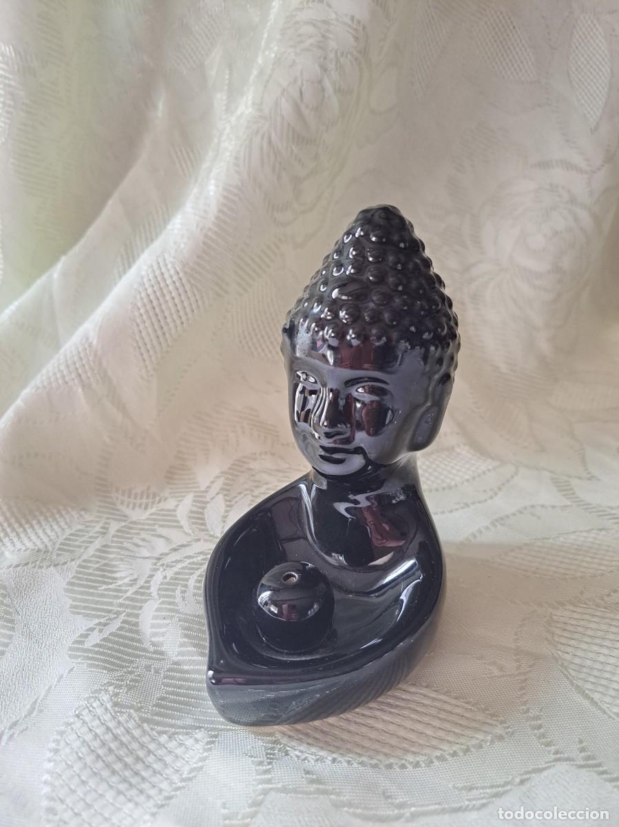 Vintage: Incensario busto de buda hind&uacute; de porcelana en color negro.