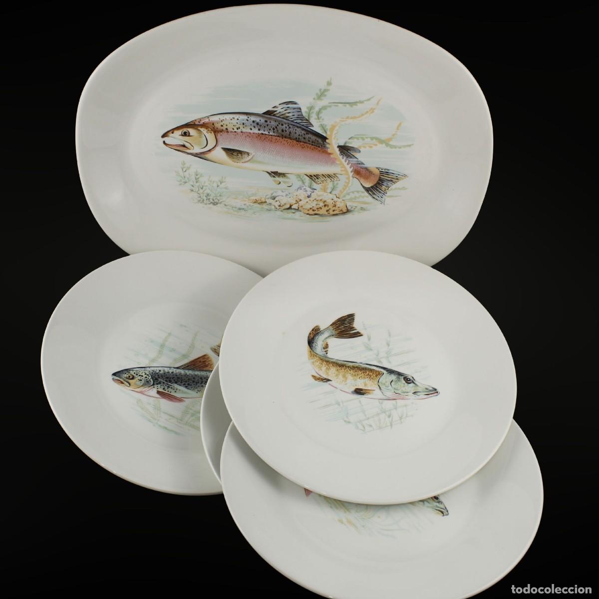 Vintage: Bandeja y Platos Pescado Porcelana Porzelanit Espa&ntilde;a Vintage 70s
