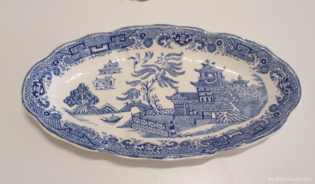 Vintage: BONITO PLATO OVALADO DE CER&Aacute;MICA DE TRANSFERENCIA AZUL,PALISSY,PATRON YE OLDE WILLOW VINTAGE DE 1946