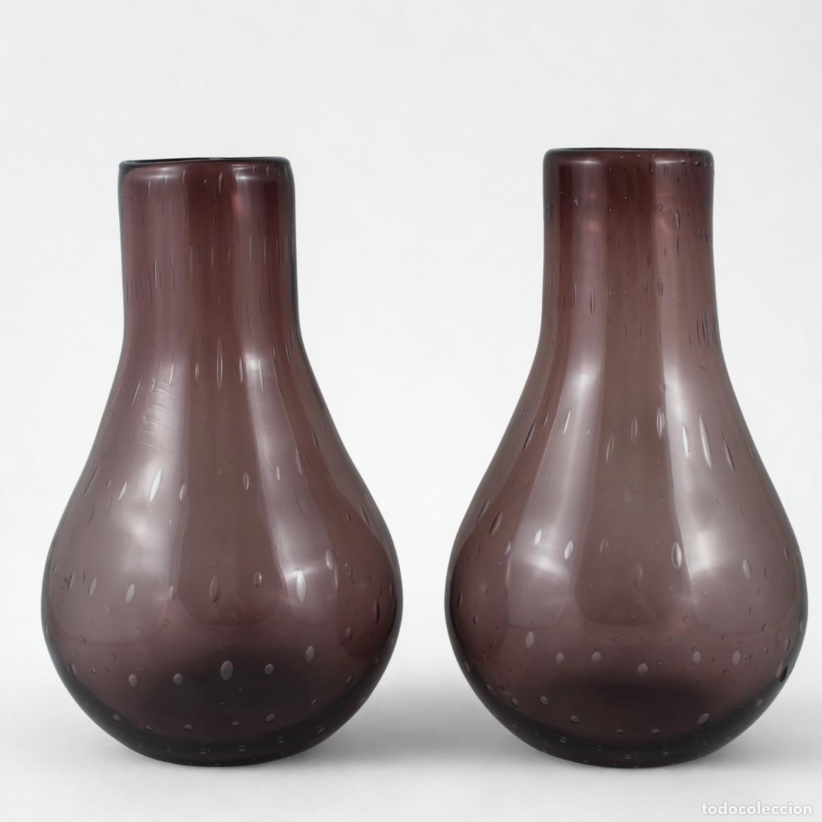 Vintage: Set 2 Jarrones de Cristal Lila Purpura Burbujas Decoracion Vintage 80s