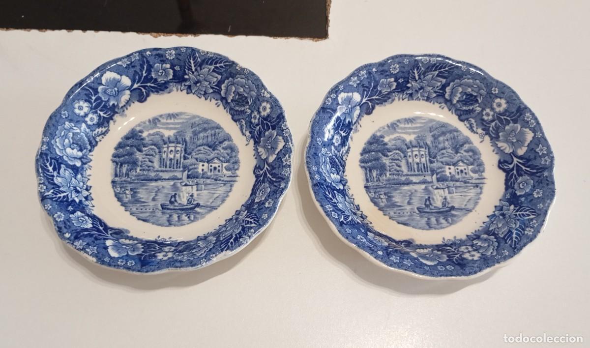 Vintage: BONITO JUEGO DE 2 CUENCOS D&Eacute; CER&Aacute;MICA POR TRANSFERENCIA AZUL,PALISSY POTTERY,COLECCI&Oacute;N THAMES RIVER