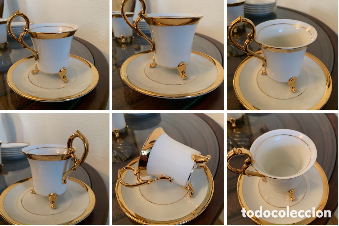 Vintage: Juego de 6 tazas vintage grandes con patas doradas + platos &ndash; porcelana blanca y oro