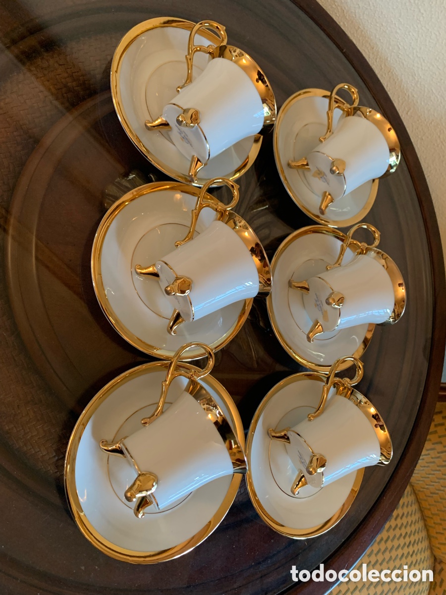 Vintage: Juego de 6 tazas vintage grandes con patas doradas + platos &ndash; porcelana blanca y oro