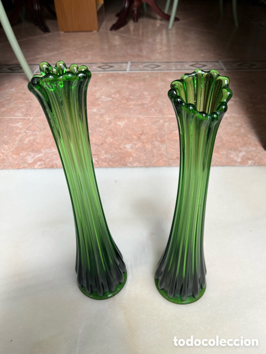 Vintage: 2 Jarrones Vintage Vidrio Soplado Artesanal Verde