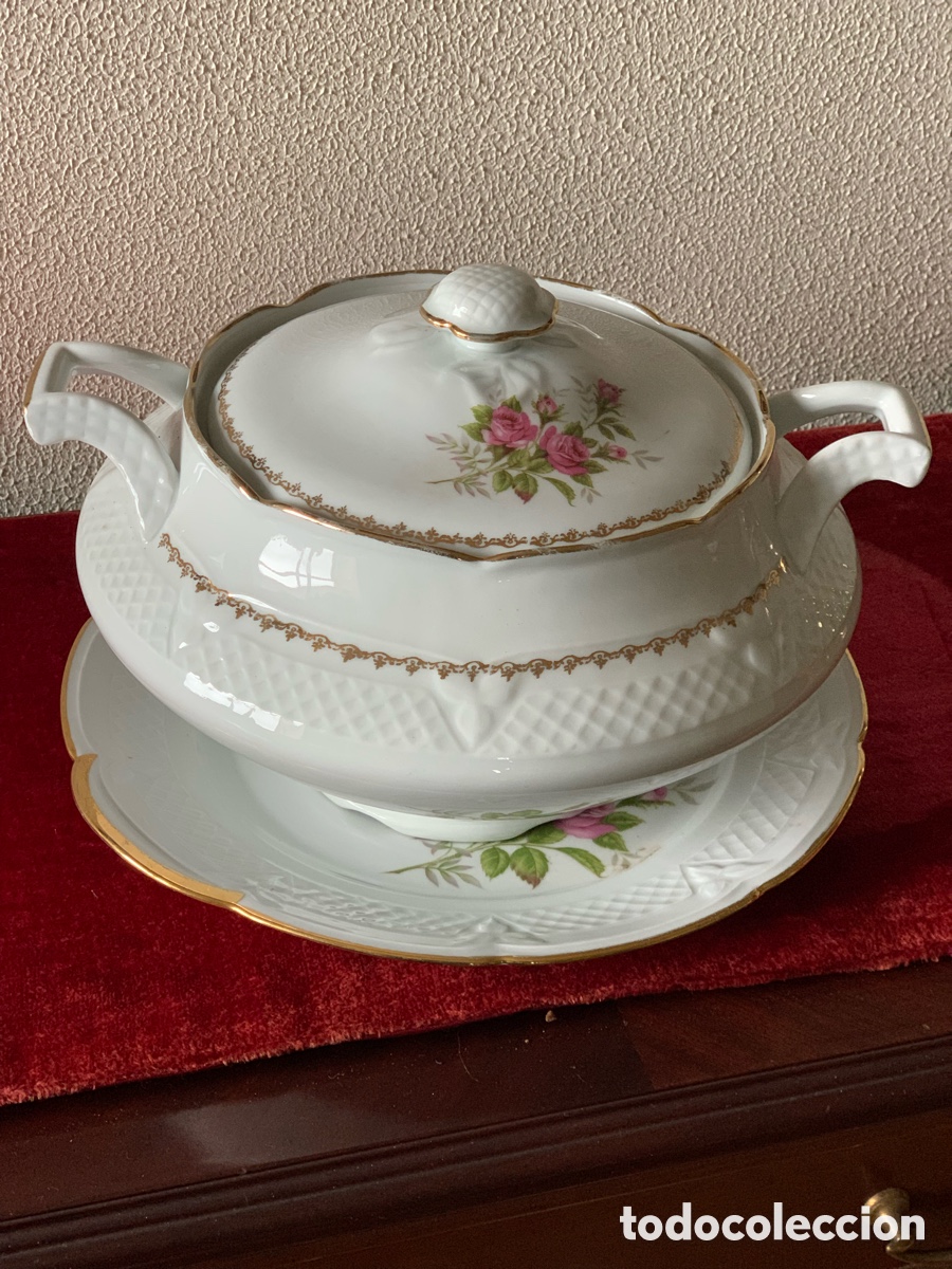 Vintage: Sopera grande de porcelana con bandeja &ndash; V&eacute;ritable Porcelaine &ndash; estilo cl&aacute;sico floral centro de mesa