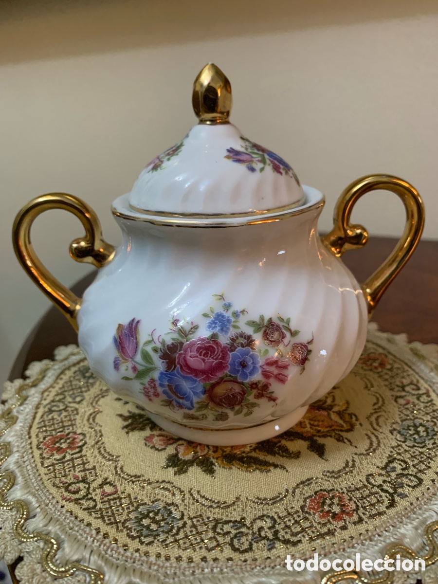 Vintage: Azucarero Limoges GB con tapa | Porcelana vintage floral dorada