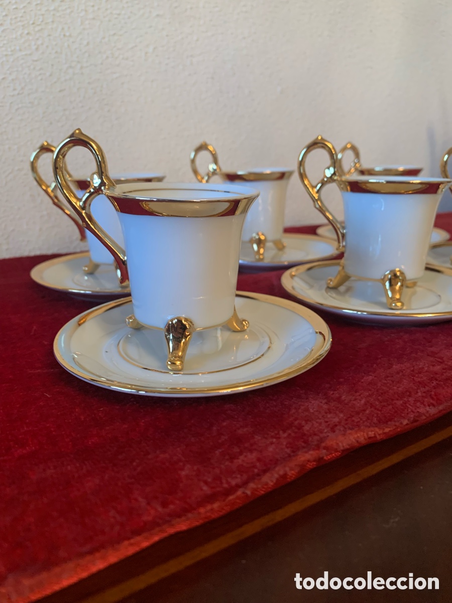 Vintage: Juego de 6 tazas vintage con patas doradas + platos &ndash; porcelana blanca y oro