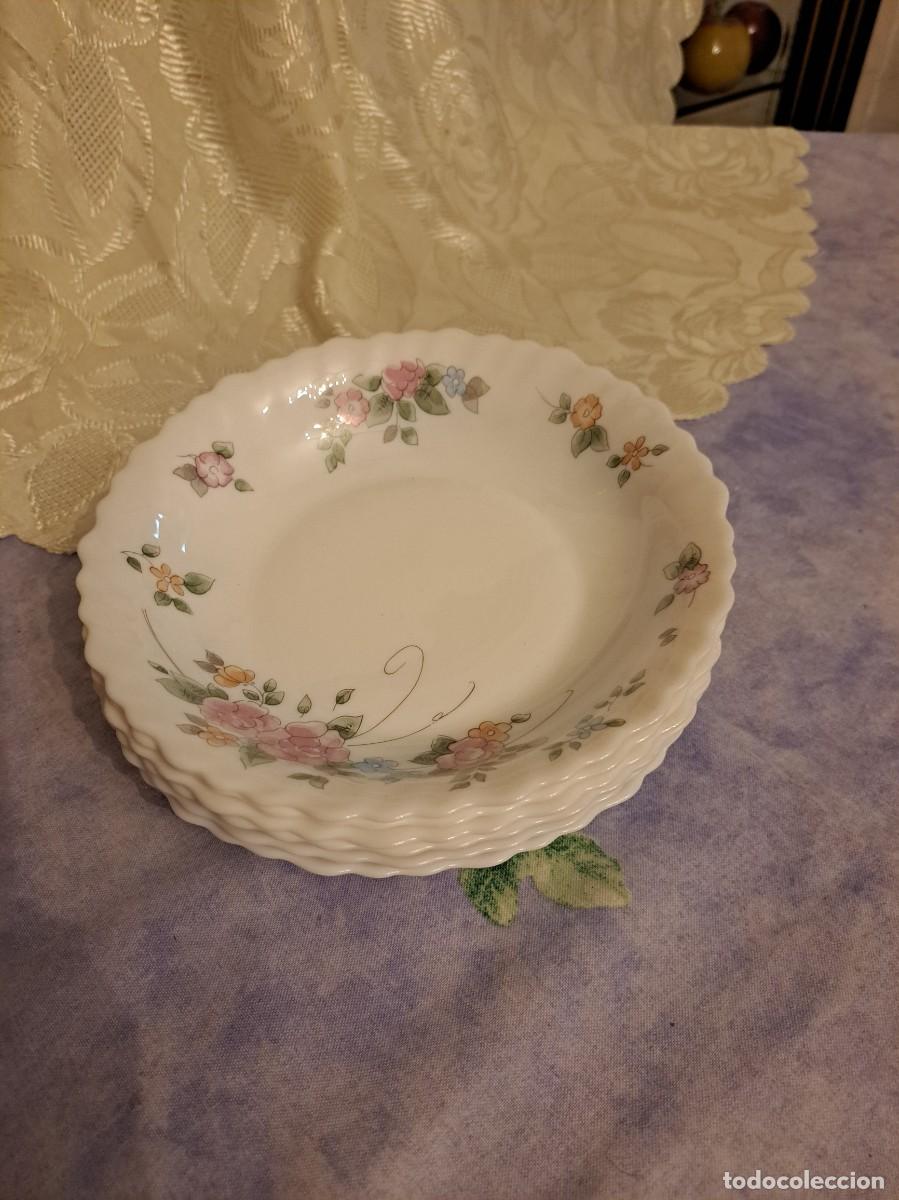 Vintage: Juego de 6 platos hondos de cristal arcopal France, decorados con flores.
