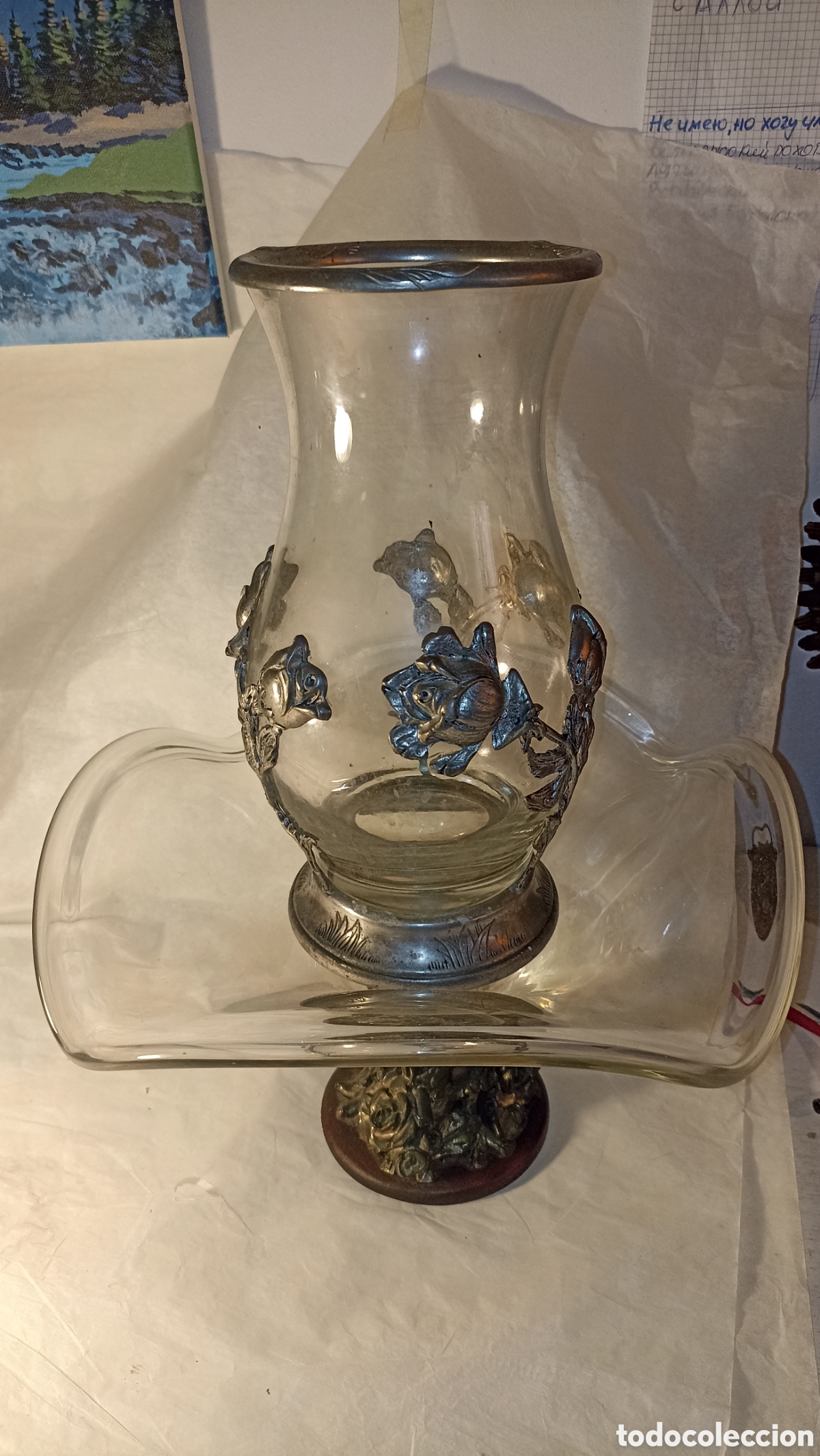 Vintage: Exclusivo Conjunto Vintage de Cristal y Peltre (95% Zinn) - Jarr&oacute;n y Frutero de Rosas