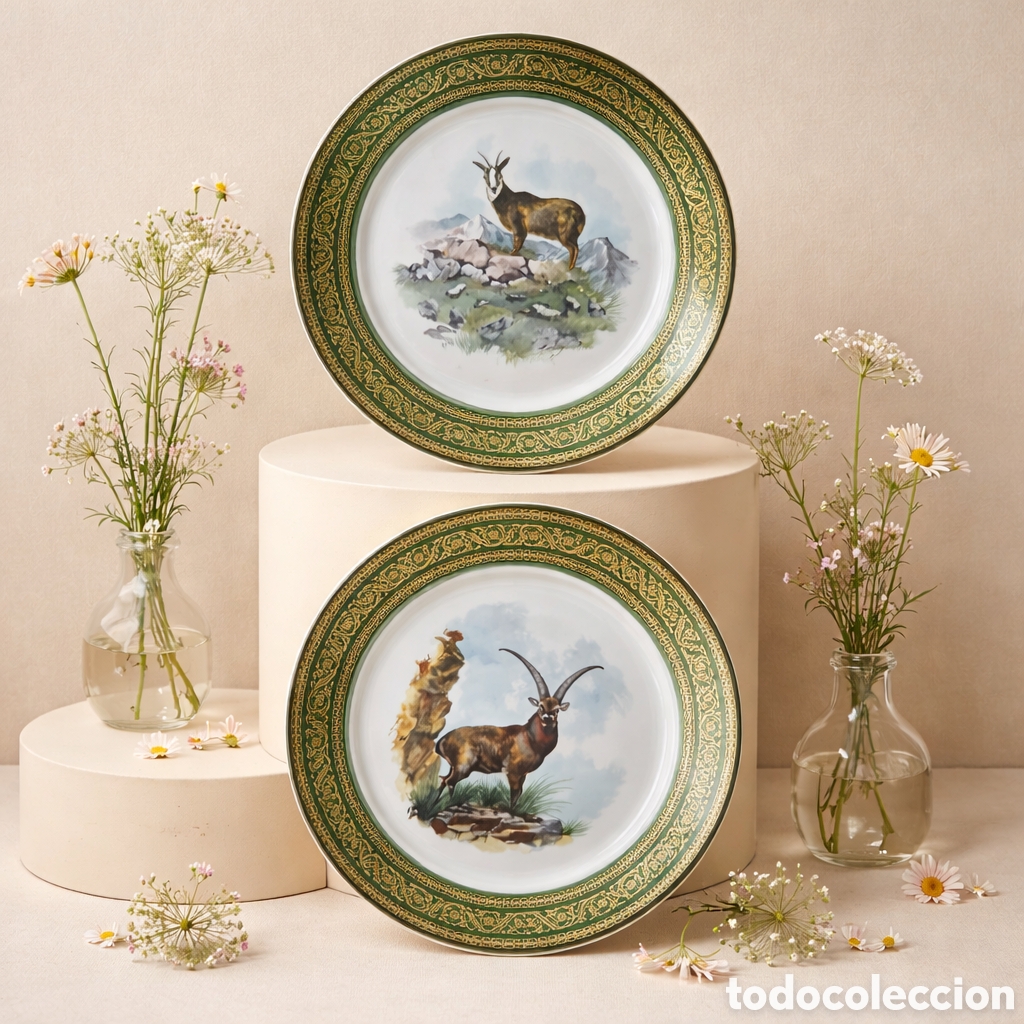 Vintage: Platos Limoges Francia St. Martial &ndash; Porcelana fina verde y oro con escenas de caza.