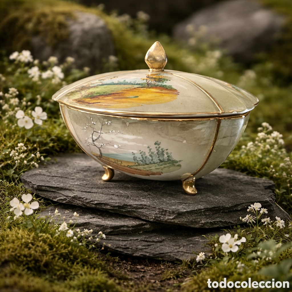 Vintage: Bombonera vintage portuguesa Alcoba&ccedil;a RB &ndash; porcelana pintada a mano con tapa y detalles dorados