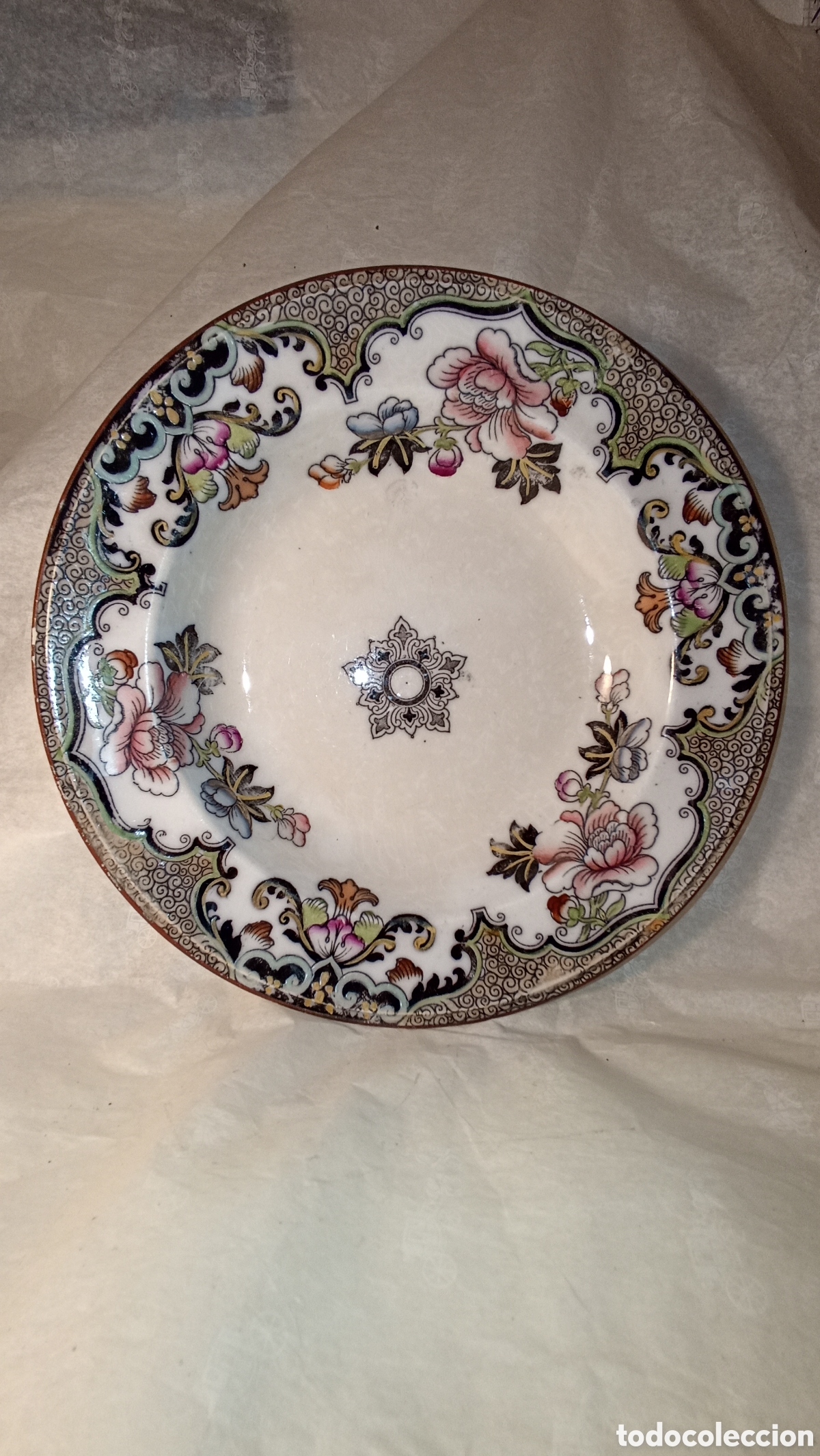 Vintage: : Raro Plato Ironstone de Transferencia de mediados del s. XIX - Patr&oacute;n Jeddo, B&H 24cm