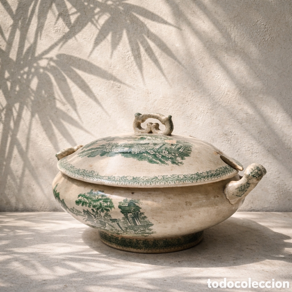 Vintage: Antigua sopera de loza estampada en verde. Siglo XIX. Transferware