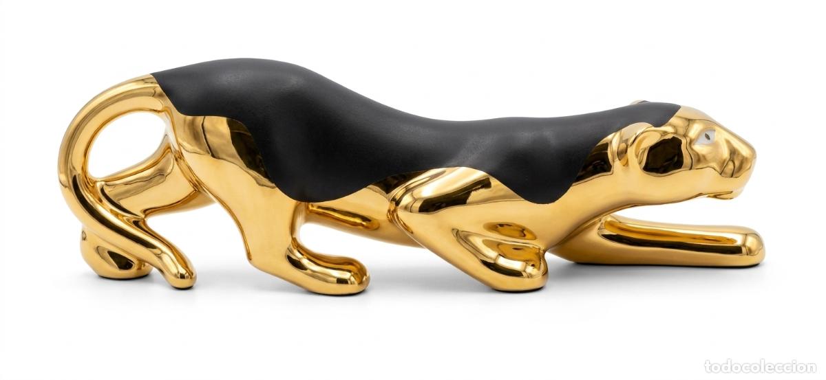 Vintage: Escultura Pantera Art D&eacute;co - Estil Artur - Porcelana Negro Mate y Oro de Ley - 30cm