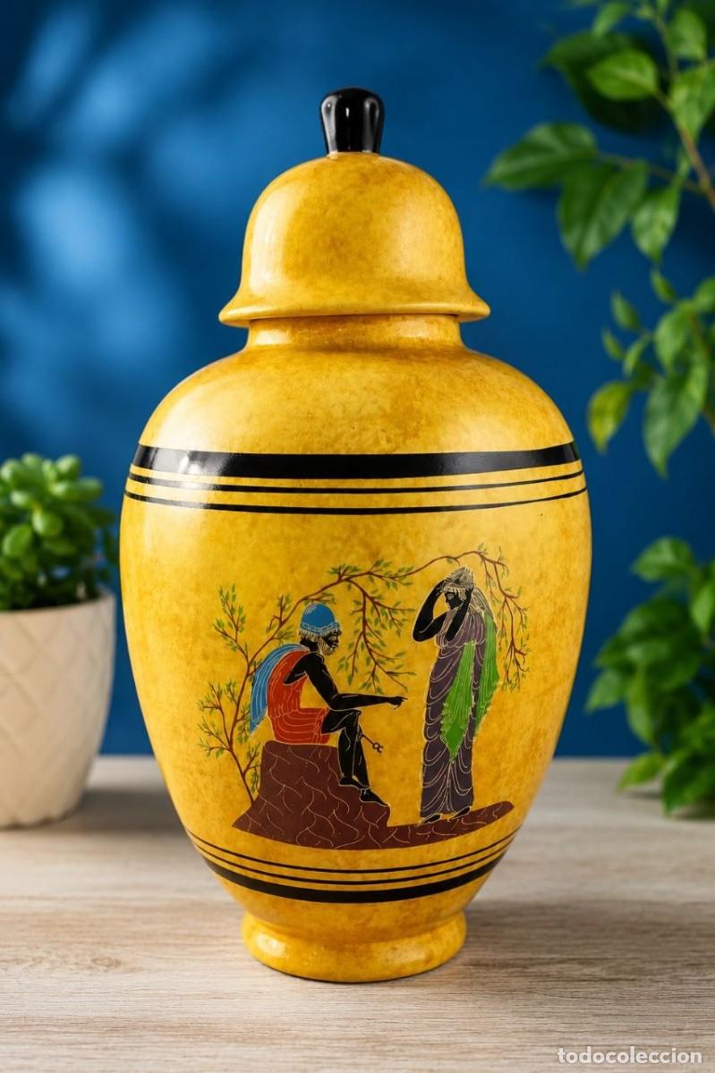 Vintage: JARR&Oacute;N DE CER&Aacute;MICA ADORNO GRIEGO/ORIENTAL TIBOR AMARILLO DECORACI&Oacute;N BUEN ESTADO