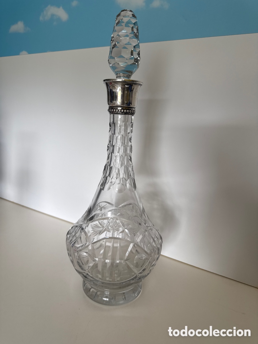 Vintage: Botella cristal tallado con plata grande