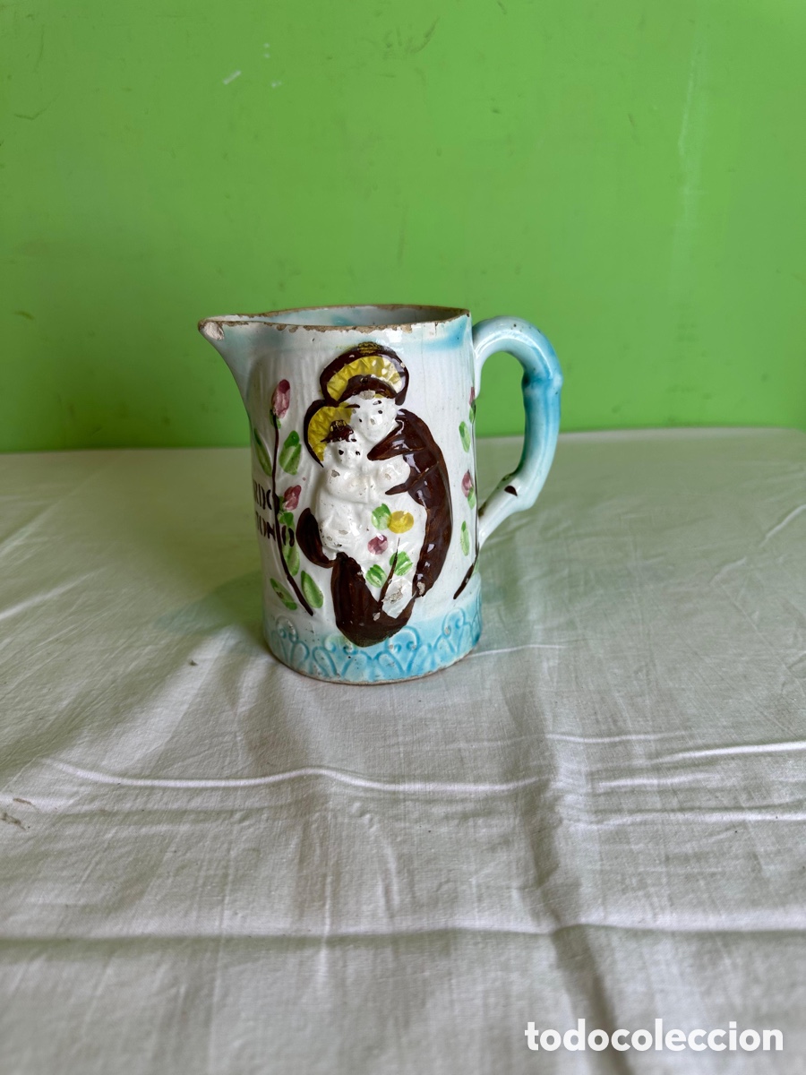 Vintage: Antigua jarrita recuerdo de San Antonio cer&aacute;mica popular religiosa siglo XIX pintada a mano