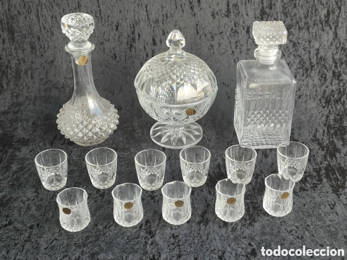 Vintage: LOTE BOTELLA Co&ntilde;ac Frances de Cristal d'Arques BOTELLA WHISKY Y VASOS CRISTAL TALLADO ESPECTACULAR