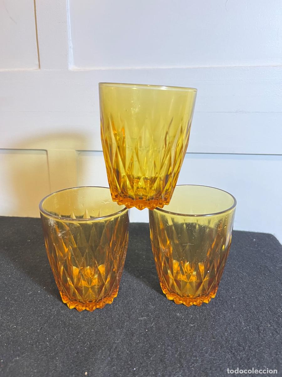 Vintage: Lote 3 Vasos Duralex Diamond &Aacute;mbar Originales Vintage A&ntilde;os 60 70 Cristal Templado