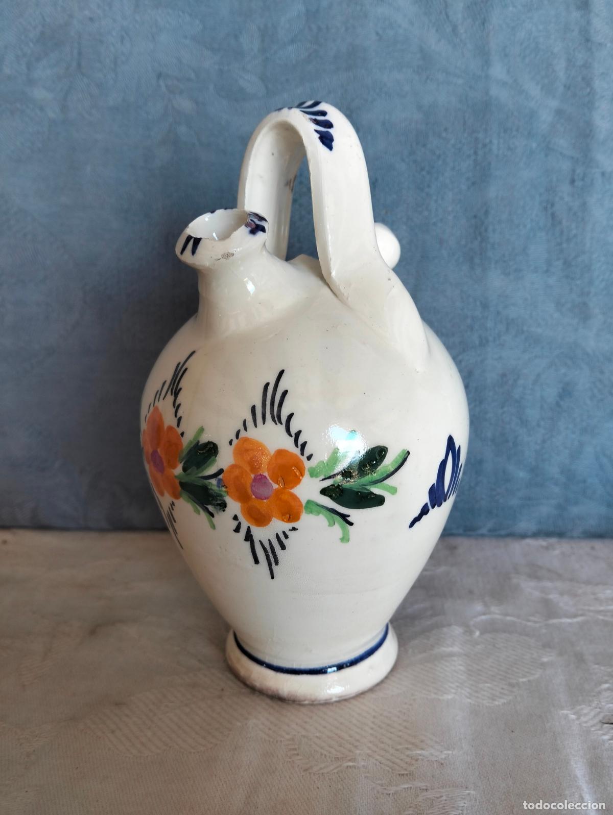 Vintage: Jarr&oacute;n de agua botijo c&aacute;ntir miniatura cer&aacute;mica blanco pintado flor decorativo vintage peque&ntilde;o 16cm