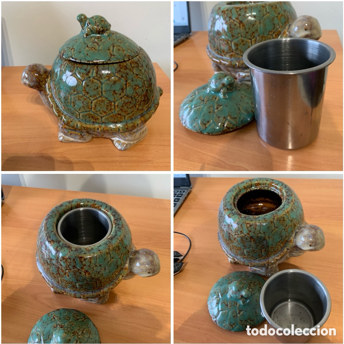 Vintage: Tetera tortuga de cer&aacute;mica craquelada con infusor met&aacute;lico