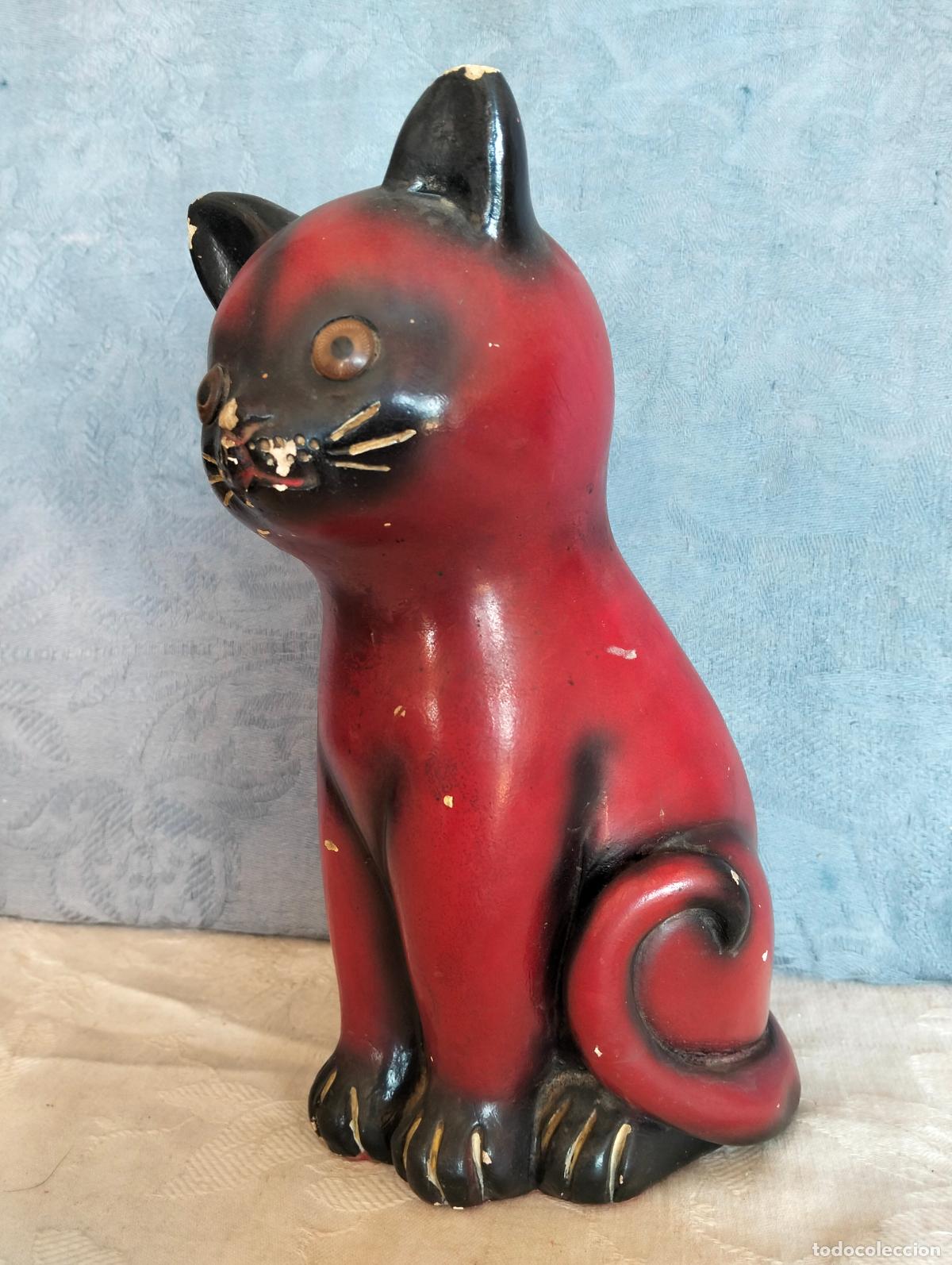 Vintage: Gato gatito rojo negro hucha figura escultura pintada escayola ojos cristal estuco antigua vintage