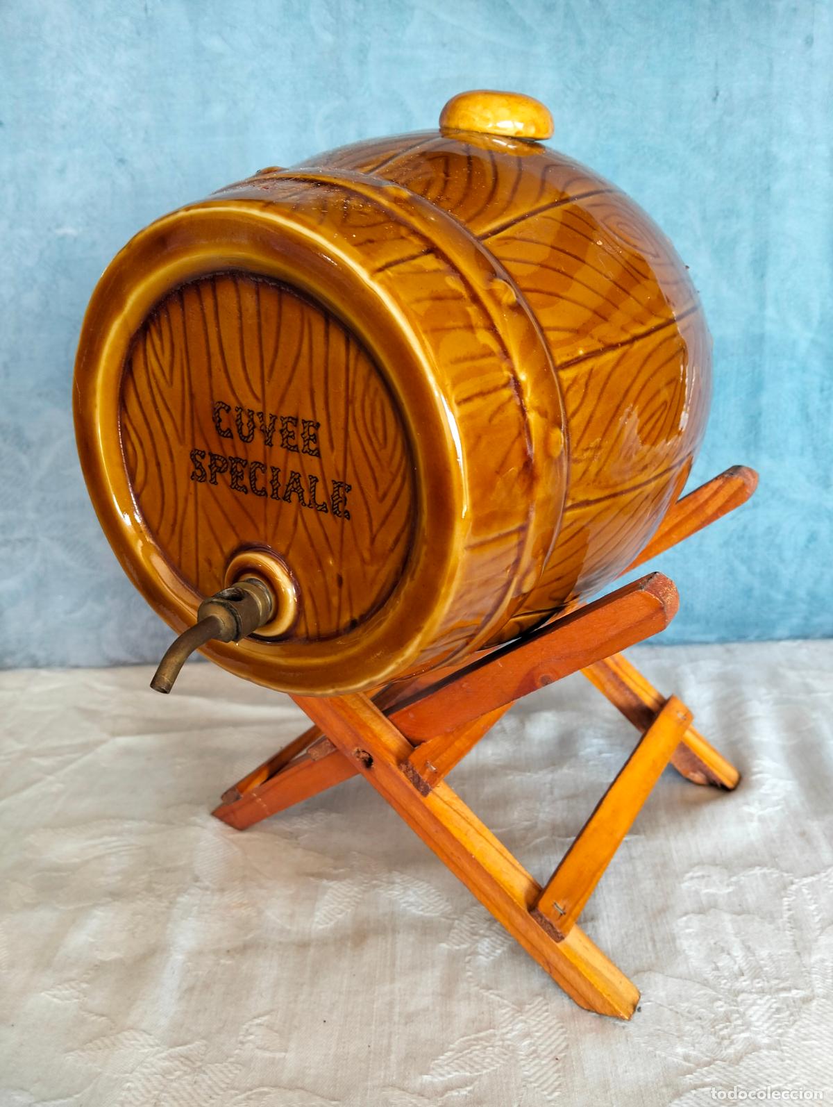 Vintage: Barrica bota de porcelana decorativa cuvee speciale marr&oacute;n vino licor soporte de madera vintage