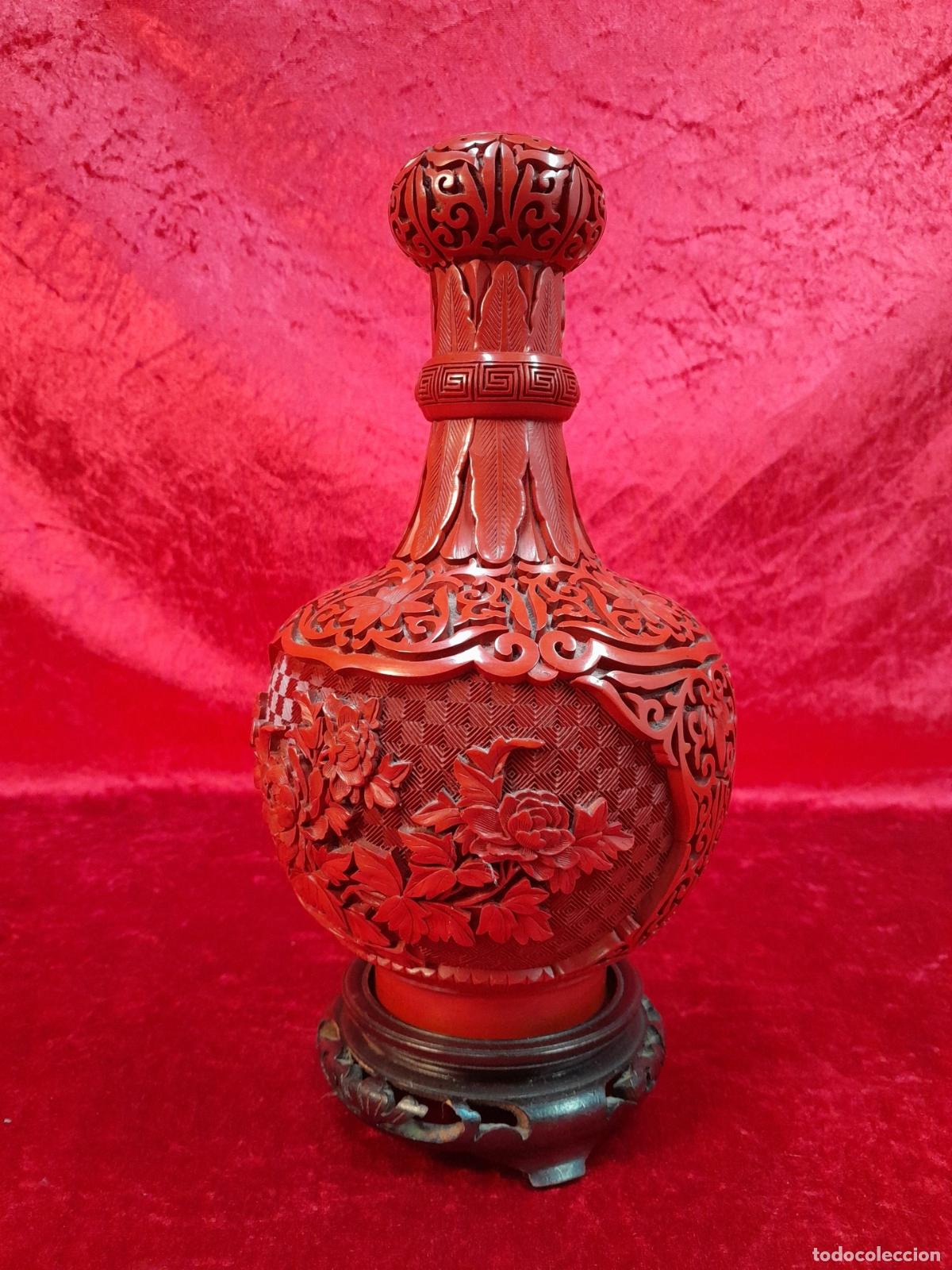 Vintage: JARR&Oacute;N DE LACA CINABRIA TALLADA. ESTILO CINNABAR.CHINO.MEDIADOS DEL SIGLO XX.