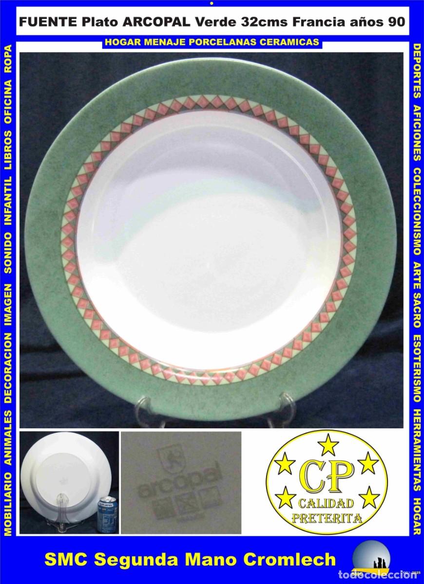 Vintage: FUENTE Plato ARCOPAL decoraci&oacute;n Verde A&ntilde;os 90 Muy buen estado Calidad Pret&eacute;rita.