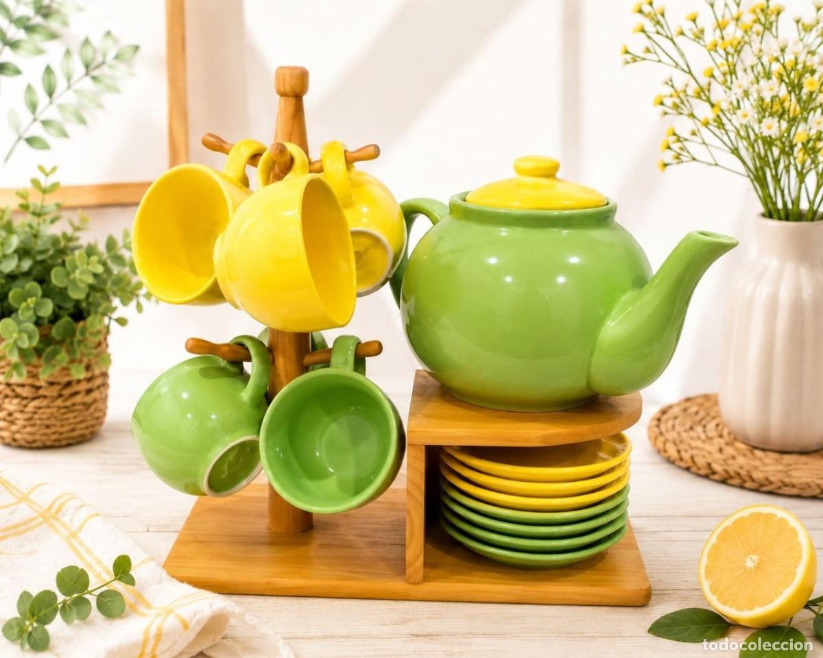 Vintage: JUEGO DE TETERA + 6 TAZAS DE CER&Aacute;MICA PARA CAF&Eacute; CON SOPORTE EN VERDE Y AMARILLO