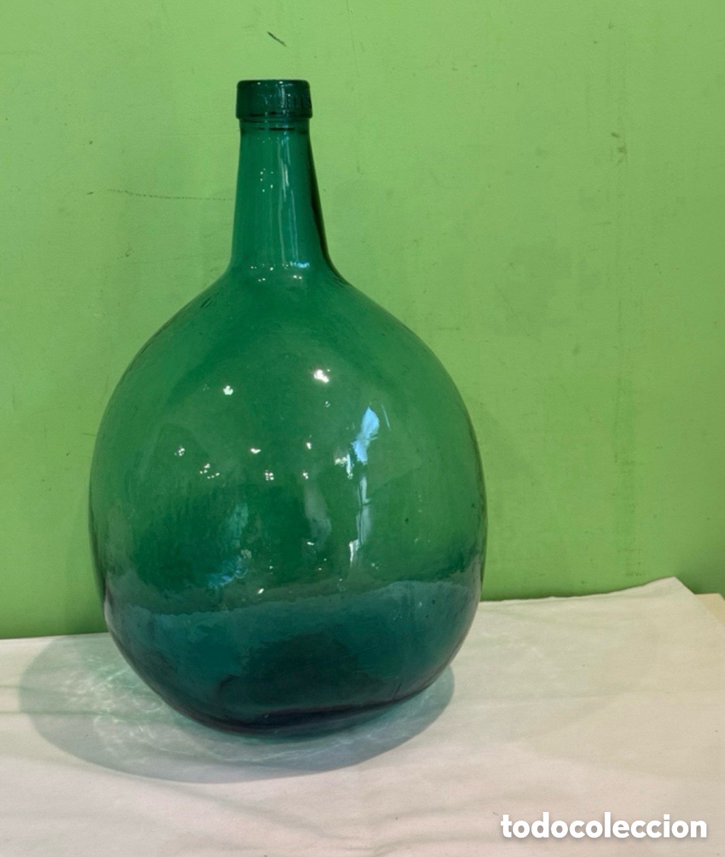 Vintage: Gran damajuana antigua de vidrio soplado verde - La Videllia - Garrafa antigua - 50 cm.
