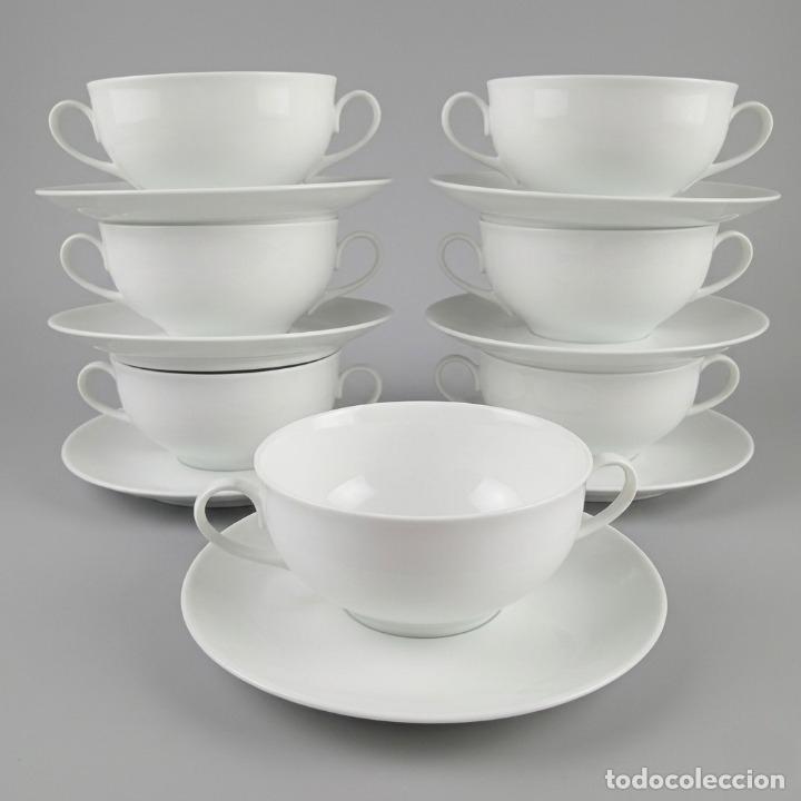 Vintage: Juego 7 Tazas Consom&eacute; y Platos Porcelana Bidasoa. Sello Pez Rojo. A&ntilde;os 70. Excelente Conservaci&oacute;n