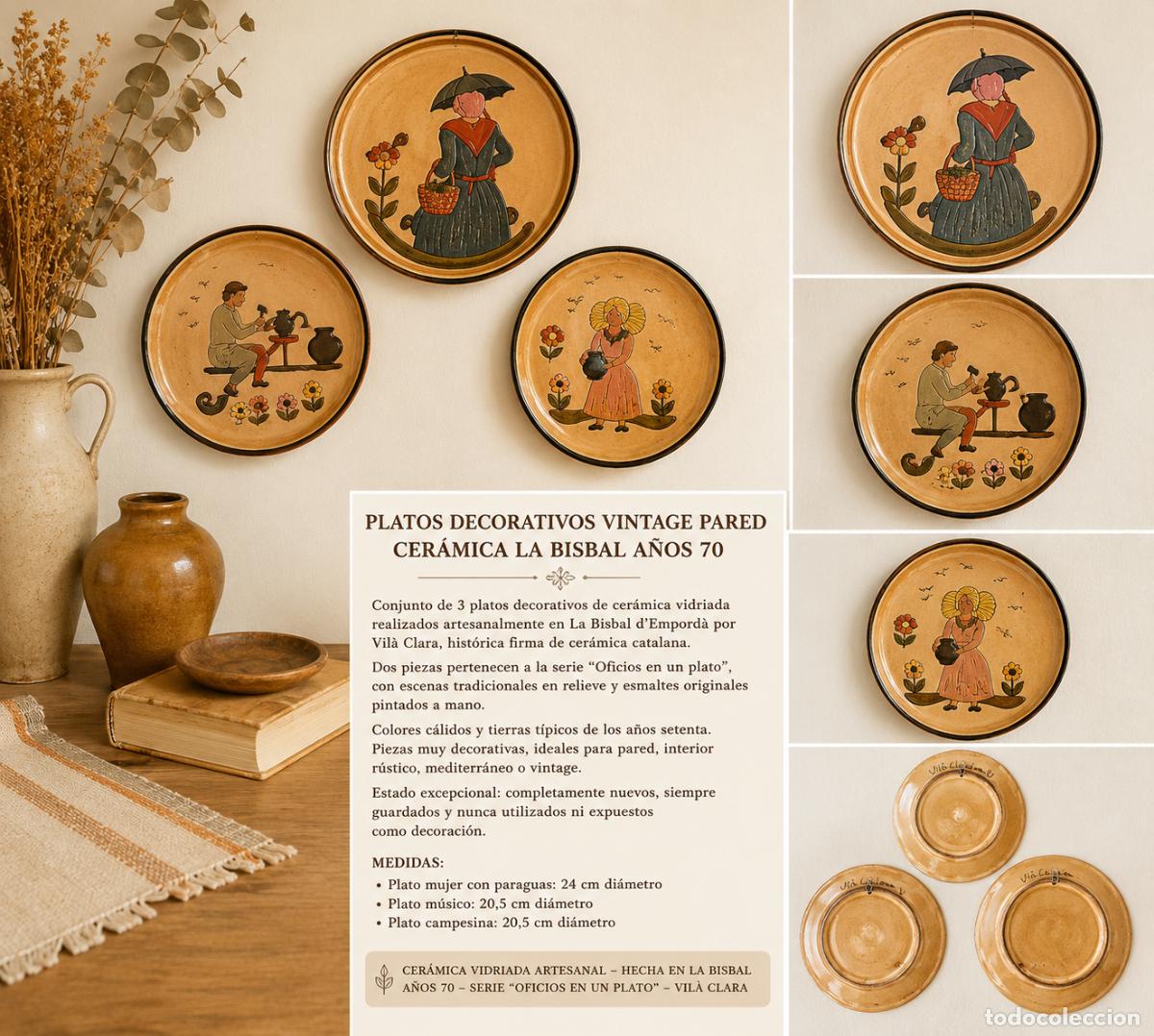 Vintage: Platos decorarivos vintage pared cer&aacute;mica La Bisbal, a&ntilde;os 70