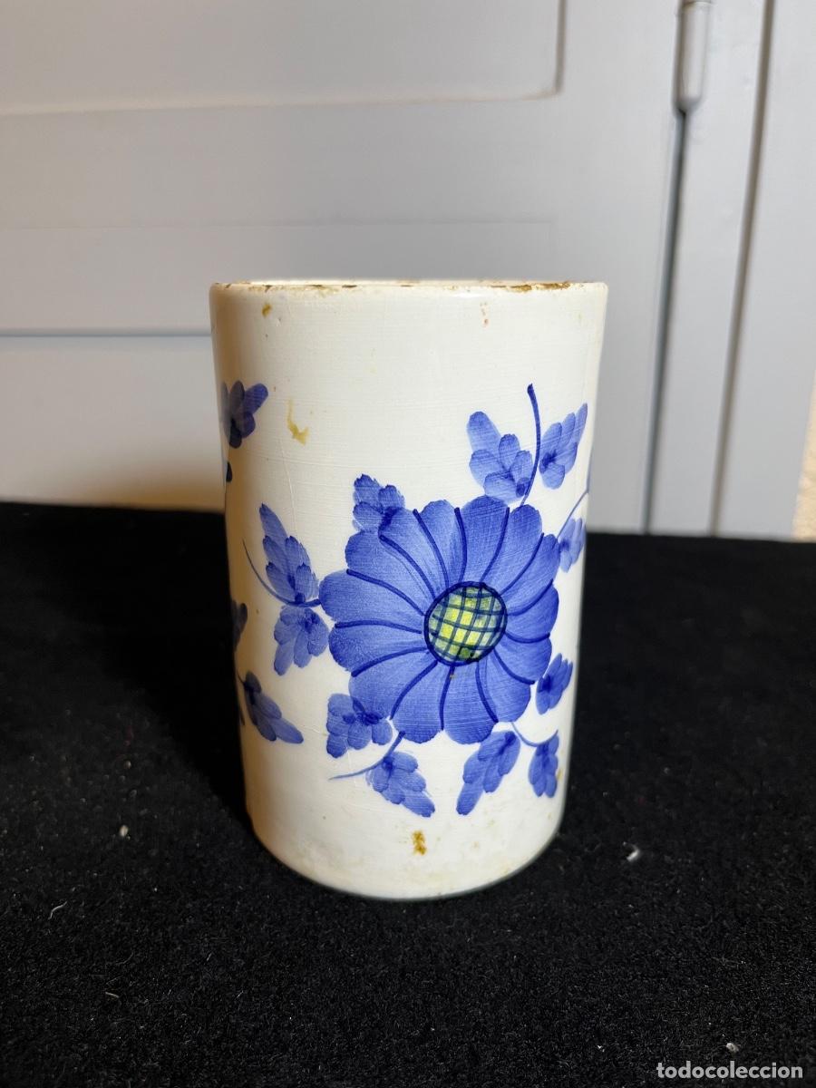 Vintage: Bote cer&aacute;mica popular flores azules esmaltado vintage lapicero florero r&uacute;stico artesanal
