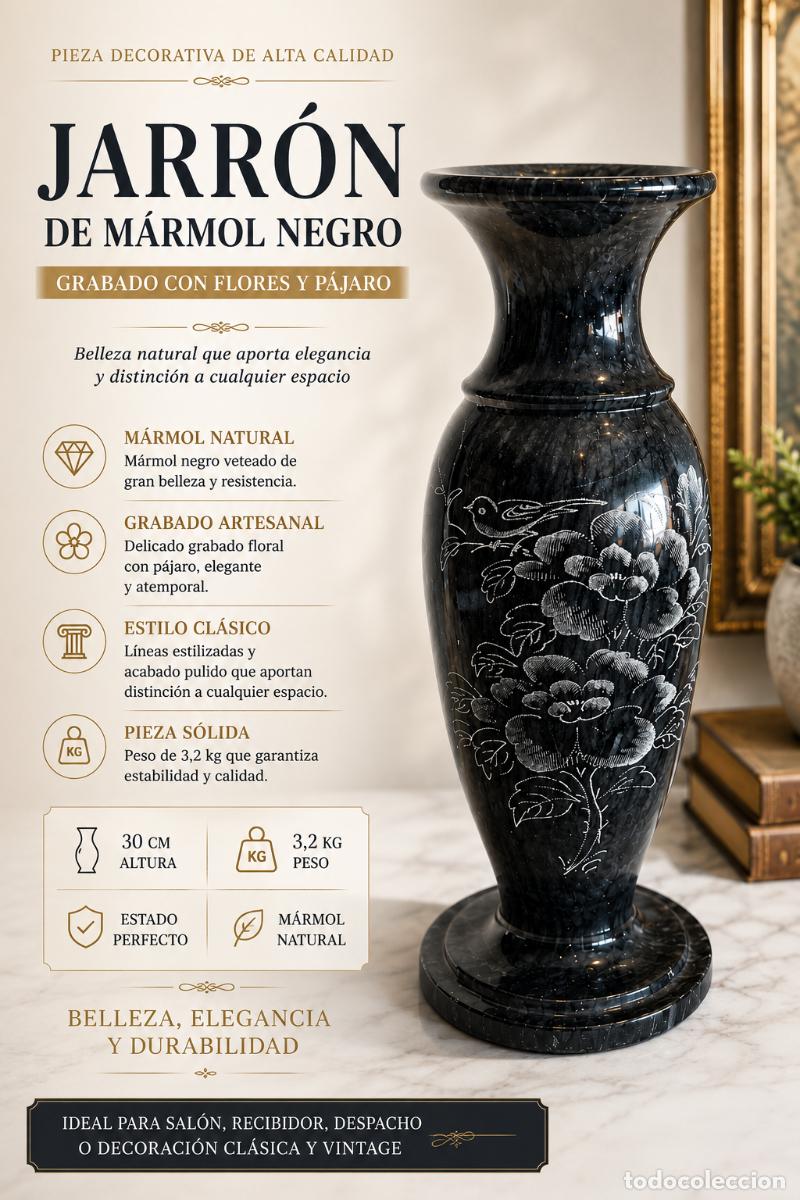 Vintage: JARR&Oacute;N DE M&Aacute;RMOL NEGRO GRABADO | FLORES Y P&Aacute;JARO | 30 CM | 3,2 KG | VINTAGE