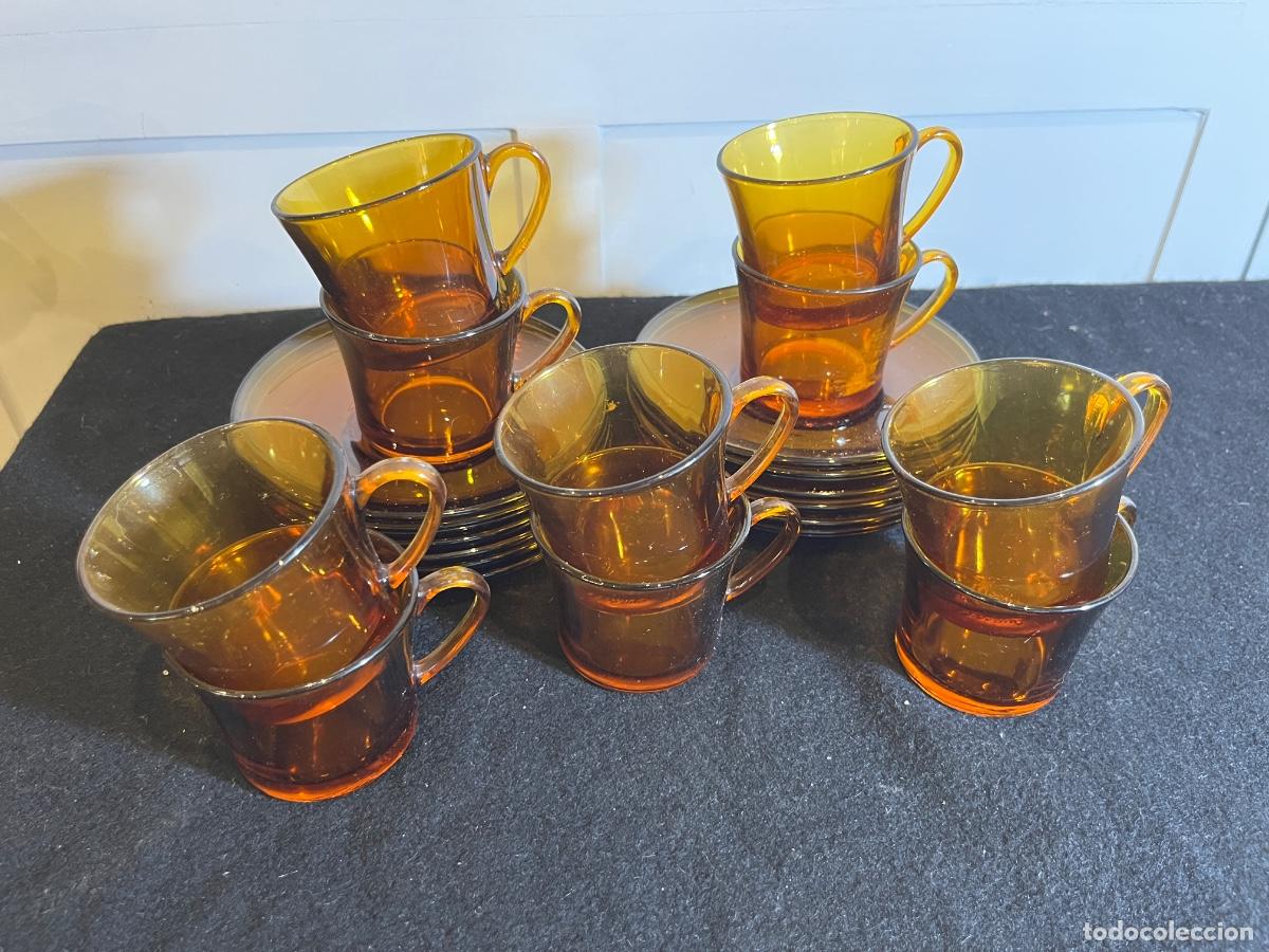 Vintage: Juego caf&eacute; Duralex &aacute;mbar vintage a&ntilde;os 70 10 tazas 12 platos cristal retro caramelo
