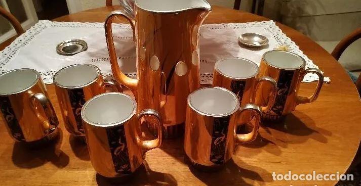 Vintage: JARRA GRANDE CON 6 JARRAS DE CERBEZA PORCELANA A&Ntilde;OS 60 .