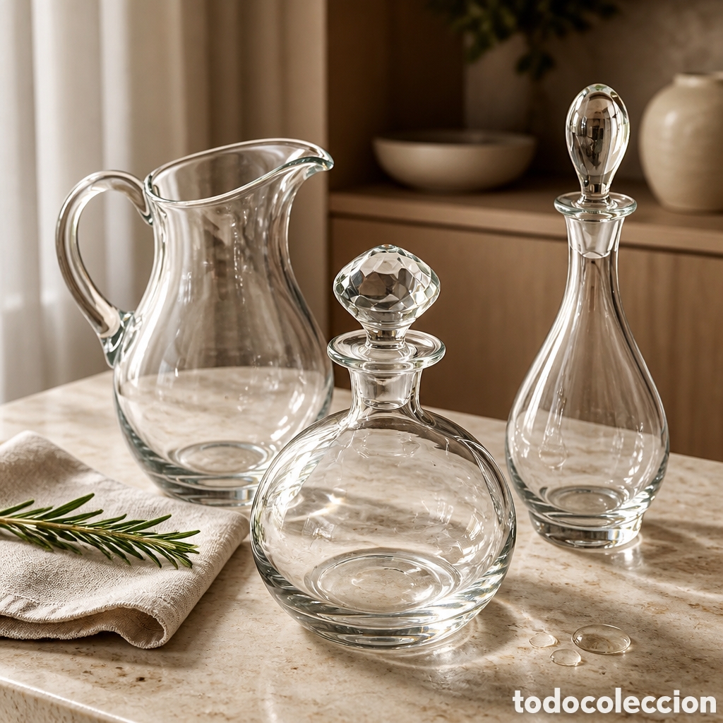 Vintage: Juego de cristal soplado vintage &ndash; licorera, decantador y jarra de cristal grueso elegante