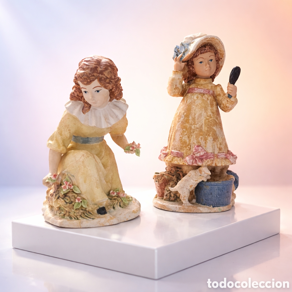 Vintage: &ldquo;Pareja figuras porcelana art&iacute;stica Levantina vintage ni&ntilde;as flores